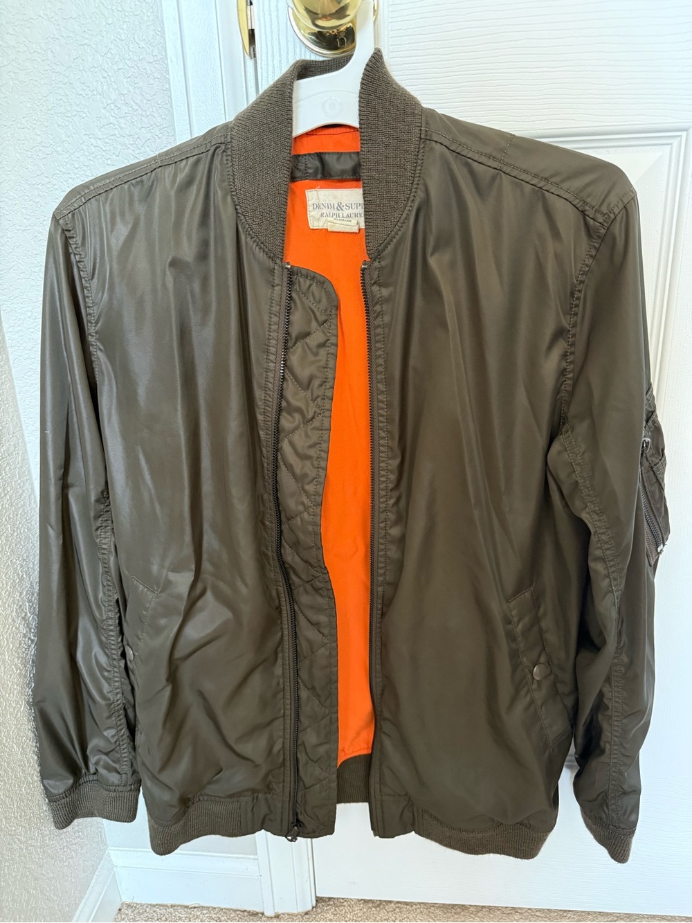 Denim & Supply Ralph Lauren Olive Longline Bomber Jacket with Orange Lining